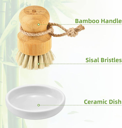 Bamboo Dish Scrub Brushes by Subekyu, Set of 3 Kitchen Wooden Cleaning Scrubbers for Cast Iron Pan/Pot