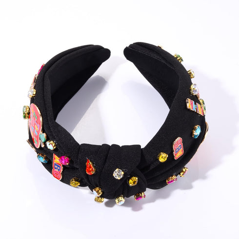 Teacher Headband Accessories, Colorful Rhinestone Crystal Jeweled Black Wide Top Knot FRI-YAY TEACHER Charm