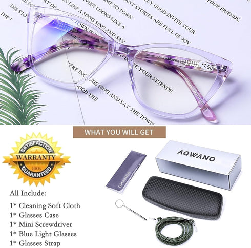 AQWANO Women Computer Reading Glasses, Blue Light Blocking, Vintage Cat Eye Readers, Purple 2.75