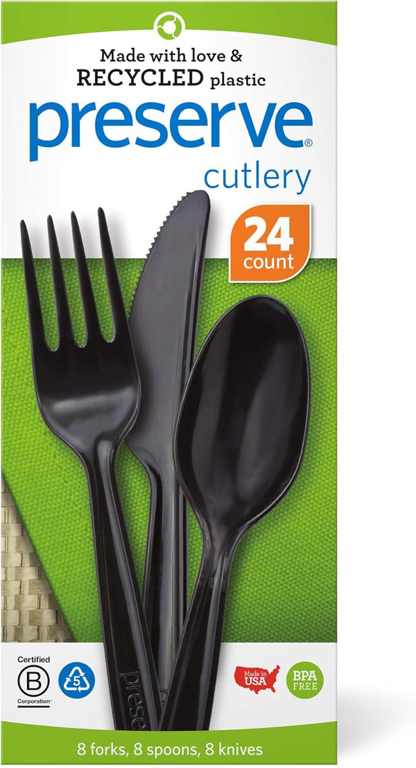 Preserve Recycled Plastic Cutlery - 24 Count (8 Forks, 8 Knives, 8 Spoons) - Made in USA, Black