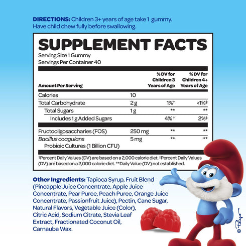 The Smurfs Kids Probiotic Gummies with 1 Billion CFU Probiotics & Prebiotics Chewable Probiotic Kids for Digestive Support, Healthy Gut & Immune Health | Ages 3+ | Made with Real Fruit | 40 Count