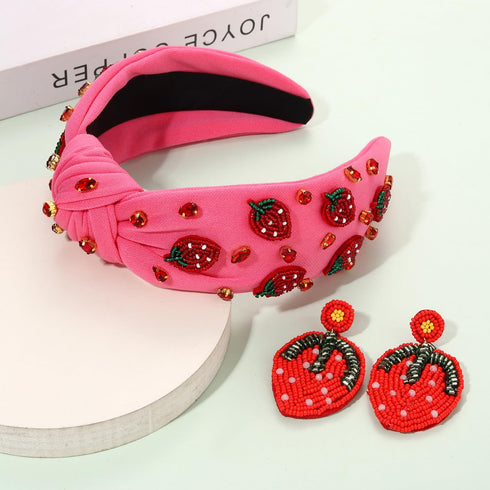 Strawberry Headbands for Women, Tropical Fruit Embellished Rhinestone Crystal Wide Top Knot Headband, Summer Hair