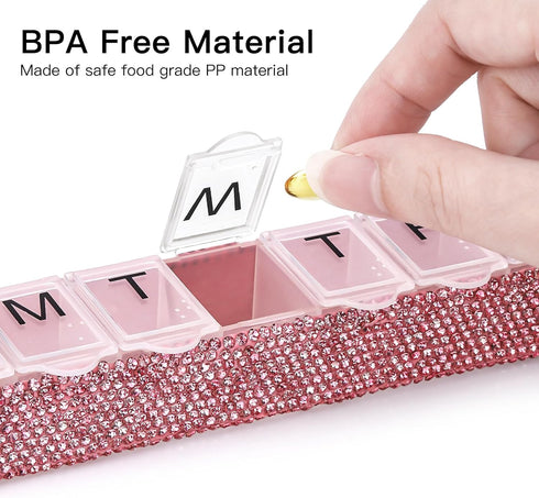 Soleebee 7 Portable Weekly Day Pill Organizer, Bling Crystal Pill Box Case, Travel Pill Planner, Pill Dispenser