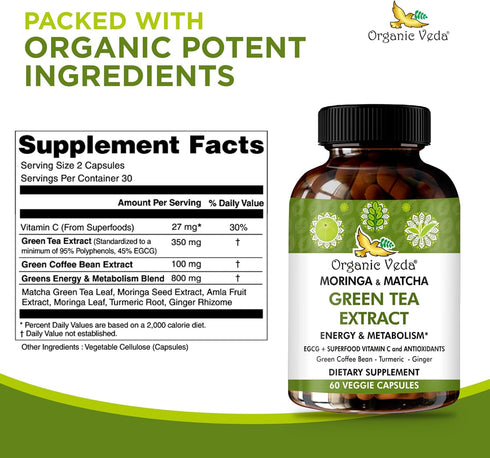 Organic Veda Moringa & Matcha Green Tea Extract Supplement - Energy Boost & Metabolism Support, 60 Count Moringa
