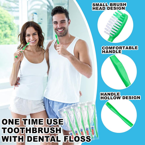 Disposable Toothbrushes with Toothpaste - 200Pcs Green Individually Wrapped Travel Toothbrushes and Dental Floss Kit