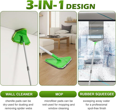 Wall Cleaner Triangle Mop with 82'' Long Handle, 6 Microfiber Chenille Duster Pads