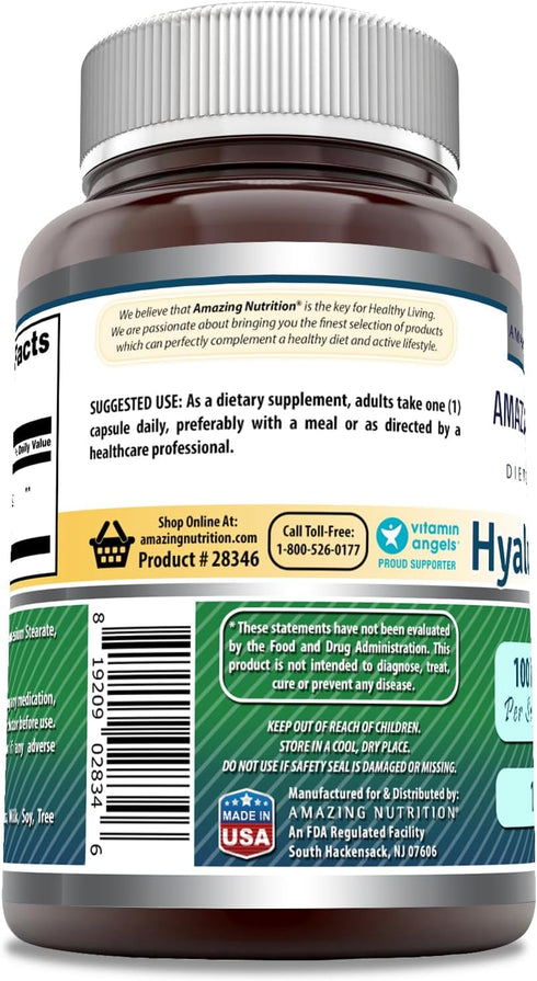 Amazing Formulas Hyaluronic Acid 100 mg Capsules, 60 Count, Non-GMO, Gluten Free, Made in USA