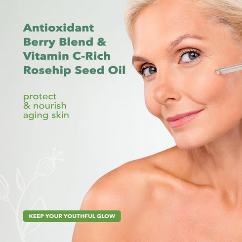 Nourish Organic Face Serum - Bilberry & Arctic Berries – Age Defense Formula with Vitamin C and A, 0.7 Oz + Washable