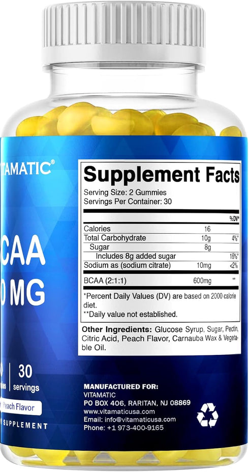 Vitamatic BCAA Gummies, 600mg per Serving, Peach Flavor, 60 Vegan Pectin Based Gummies (2 Bottles)