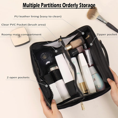 IMCUZUR Travel Makeup Bag, Large Cosmetic Bag for Women, Open Flat Portable Skincare Bag with Handle (Black)