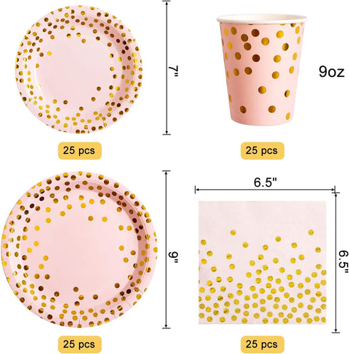 HOMIX 175Pcs 25 Pink and Gold Party Supplies, Disposable Gold Dots on Pink Paper Plates Cups and Napkins, Gold Plastic