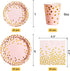 HOMIX 175Pcs 25 Pink and Gold Party Supplies, Disposable Gold Dots on Pink Paper Plates Cups and Napkins, Gold Plastic