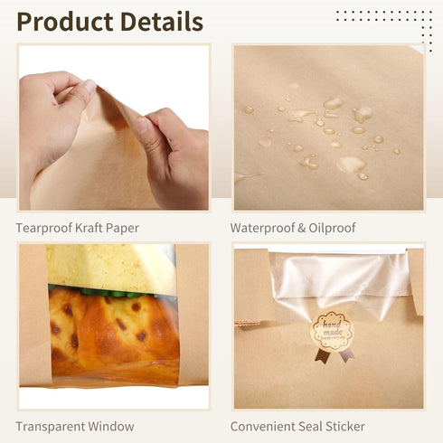 THNIOI 200 Pcs Paper Bread Bags, Large Kraft Bakery Bags for Biscuits and Snacks, Oil-proof, Includes Clear Windows