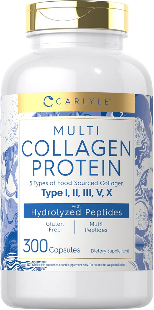 Carlyle Multi Collagen Protein Capsules 2000mg | 300 Count | Type I, II, III, V, X | Gluten Free