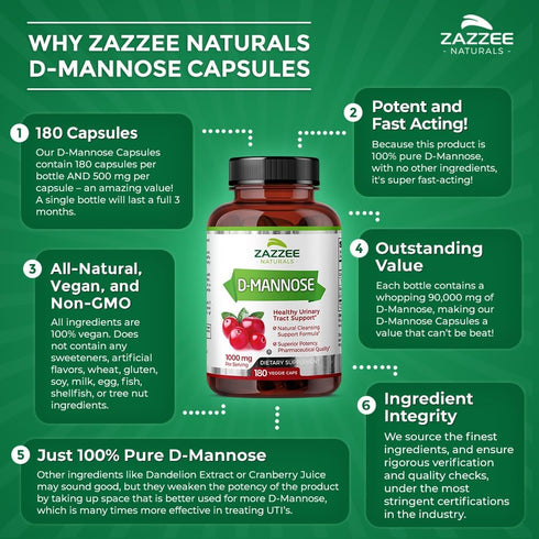 Zazzee D-Mannose, 1000 mg per Serving, 180 Vegan Capsules, 3 Month Supply for Urinary Tract Health