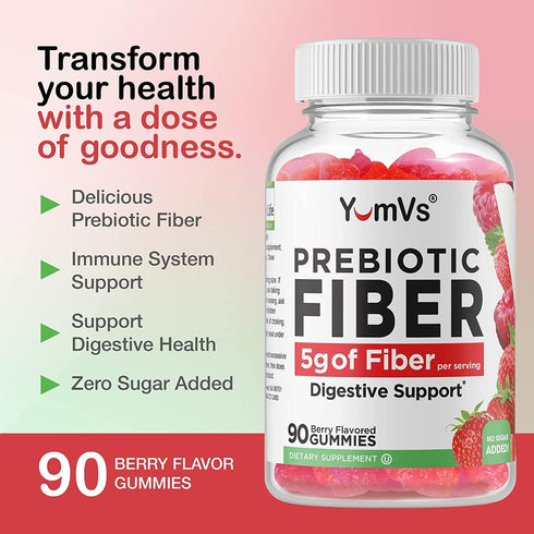 YUM-V'S Prebiotic Fiber Gummies for Adults & Kids, 5g Digestive Aid, Keto Friendly, No Sugar Added (90 Count, Pack of 2)