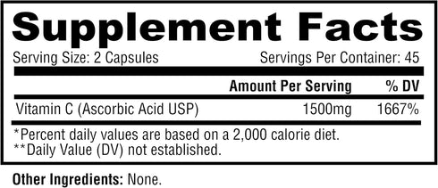 Metabolic Nutrition Vitamin C, 1500mg, High Absorption Ascorbic Acid Capsules (90 Caps)