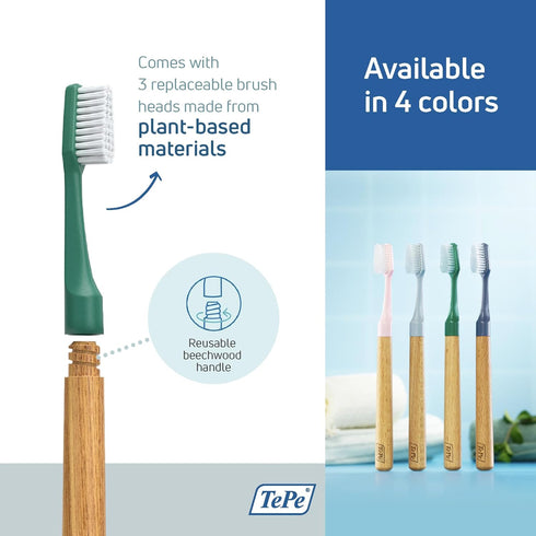 TEPE Choice Soft Toothbrush, Dental Toothbrush for Teeth Cleaning with 3 Replaceable Heads, Green