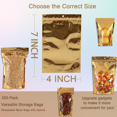 300 Pcs Mylar Bags for Food Storage - 4x6 Mylar Bags with Window Stand Up Bags, Small Resealable Smell Proof Mylar Bags