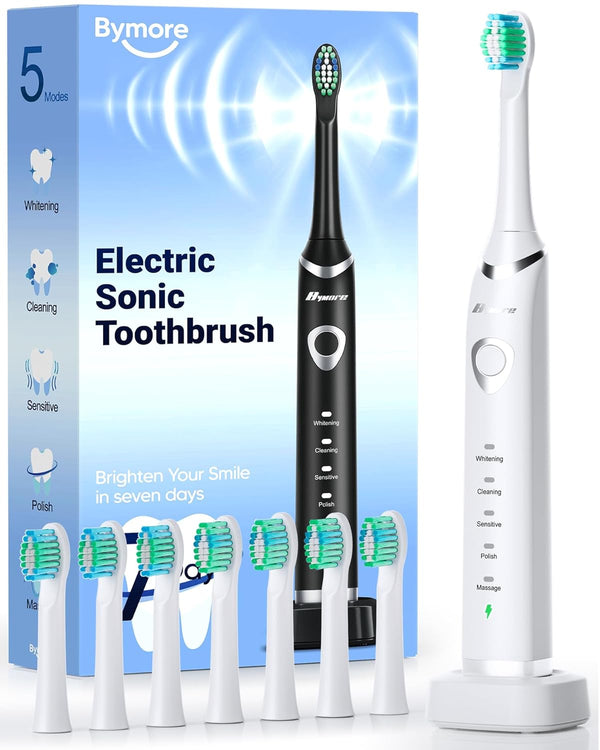 Bymore Electric Toothbrush for Adults, Travel Sonic with 8 Replacement Heads, 5 Modes, 330 Days Charge