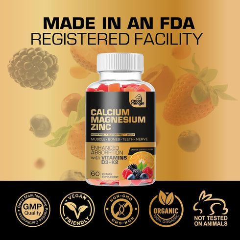 Calcium Magnesium Zinc Supplement Gummies for Kids, Toddlers & Adults - Enhanced Absorption with Vitamin D3 & K2 -
