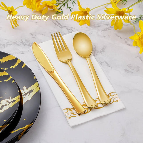 Goodluck 150 Gold Plastic Silverware, Gold Utensil Disposable, Plastic Cutlery Set of 50 Gold Forks, 50 Gold Spoons, 50 Gold Knives for Wedding, Party by Goodluck