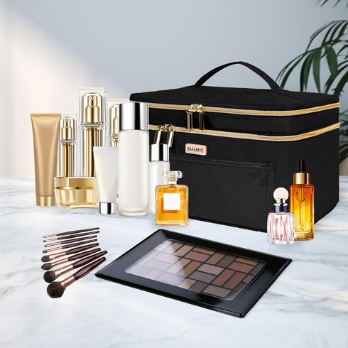 8.8L Double Layer Travel Makeup Bag, Large Cosmetic Case for Travel-Size Accessories, Brushes, and Skin Care - Black