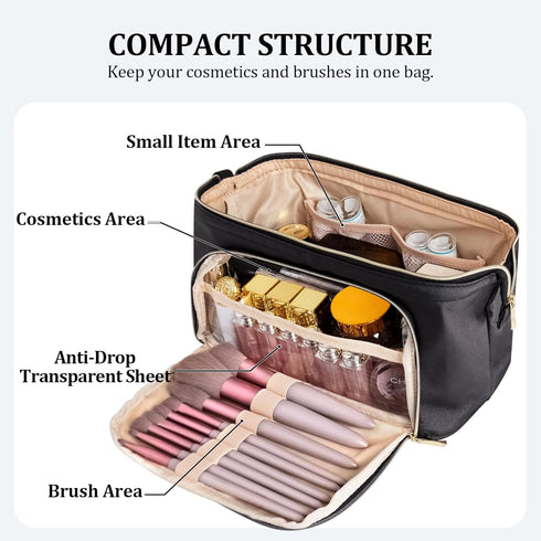 Small Makeup Organizer Bag PU Leather Makeup Bags - Portable Waterproof Travel Makeup Bag,Wide-open Cosmetics Organizer Case,Makeup Brush Travel Pouch for Women for Carry On (Black Leather)