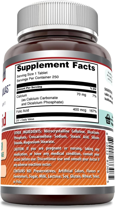 Amazing Formulas Folic Acid (Vitamin B9) 400 mcg Tablets | Non-GMO | Gluten Free | Made in USA (400 mcg, 250, Count)