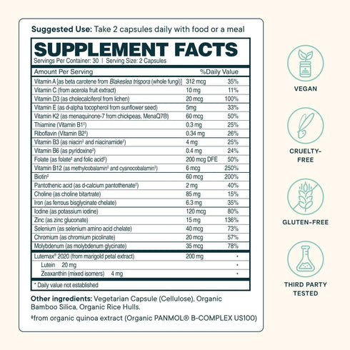 Ora Organic Plant Based Multivitamin for Women and Men, Bluelight Protection - Brain, Eye, Energy, Immune, Skin, Hair,