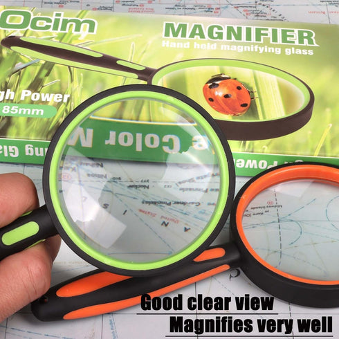 Ocim 2 Pack Magnifying Glass - Kids Magnifier, 75mm 10X Lens with Non-Slip Rubber Handle for Reading