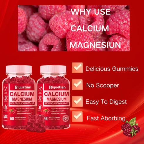 2 Pack Calcium Magnesium Zinc Gummies with Vitamin D3 Supplement, High Absorption for Bone & Immune Health (120 Count)