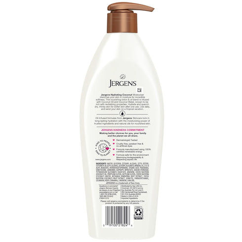 Jergens Hydrating Coconut Body Lotion, 16.8 oz, Hand and Body Moisturizer, Infused with Coconut Oil, Dermatologist