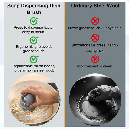 Pwaykit Dish Brush with Soap Dispenser, Steel Wool Scrubber with Replaceable Steel Wool, Pan Scraper and PET Scouring