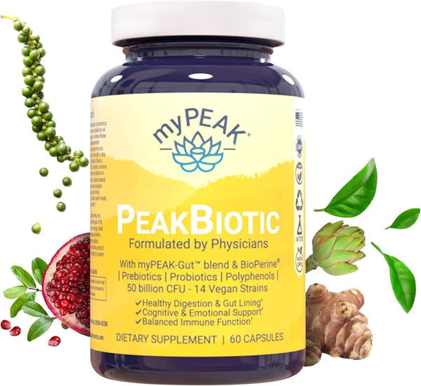 PeakBiotic Vegan Synbiotic with 50 Billion CFU Probiotics, Prebiotics, Postbiotics, 60 Capsules for Gut Health