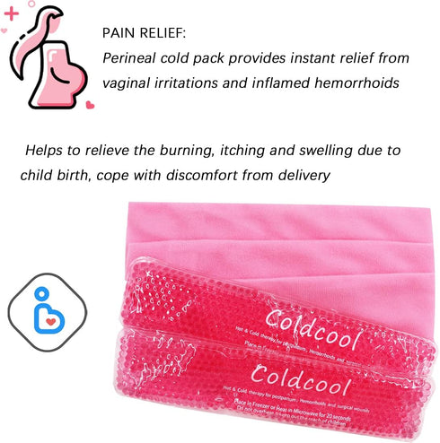 Perineal Cold Packs, Reusable Cooling Pad for Postpartum and Hemorrhoid Pain Relief, 2 Pcs + 3 Washable Sleeves