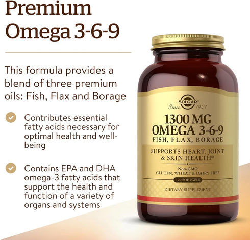 Solgar 1300 mg Omega 3-6-9, Fish Oil Supplement, 120 Softgels, Heart, Joint & Skin Health
