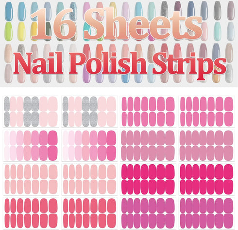 SILPECWEE Pink Nail Wraps for Women, Solid Color Glitter Self Adhesive Nail Polish Stickers with 1pc Nail File (16