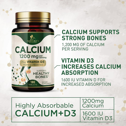 Calcium 1200 mg with Vitamin D3, 180 Tablets, Supports Bone Strength, Teeth & Immune System, Nature's Absorbable Calcium