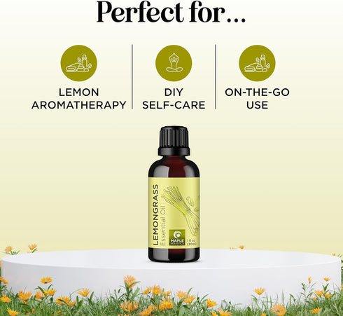 Pure Refreshing Lemongrass Essential Oil - Aromatherapy Lemongrass Oil for Hair Nails and Skin plus Potent Natural Aromatic Essential Oil for Diffusers for Home and Travel from Maple Holistics