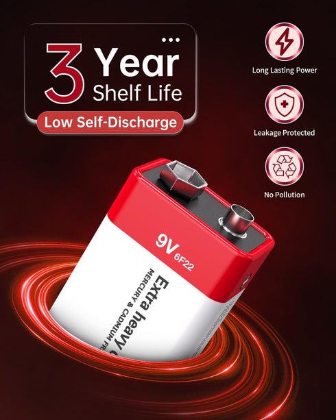 9V Batteries Carbon - 9 Volt Battery for Smoke Detector, Long-Lasting, 12 Pack