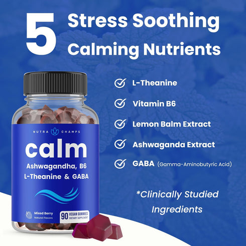 Calm Gummies with Ashwagandha, L-Theanine, GABA, Vitamin B6 & Lemon Balm, Vegan & Non-GMO, 90 Gummies for Mood & Stress
