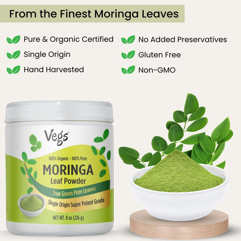 Moringa Leaf Powder, 8 oz, Freeze Dried & True Green 100% Pure Moringa Oleifera Leaf, Essential Amino Acids,