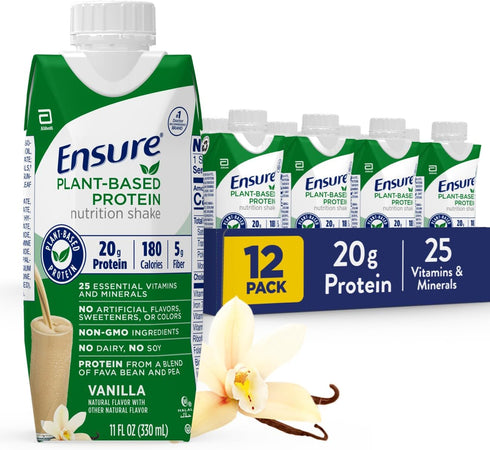 Ensure 100% Plant-Based Vegan Protein Nutrition Shakes, 20g Fava Bean and Pea Protein, Vanilla, 11 fl oz, Pack of 12