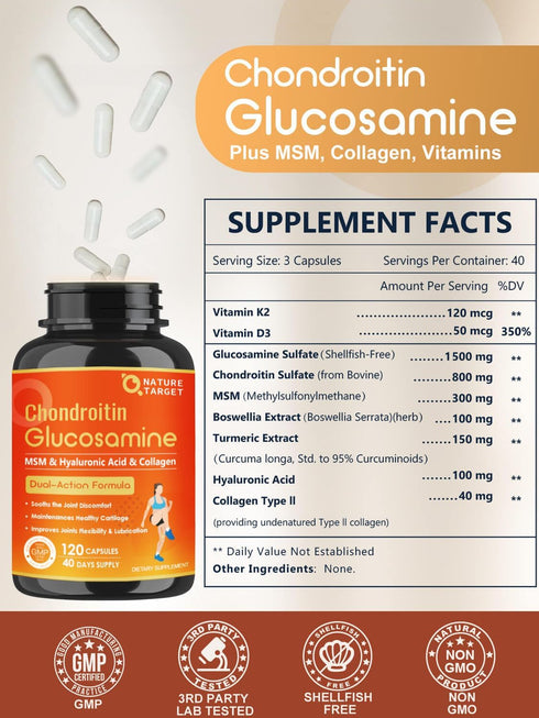 NATURE TARGET Glucosamine Chondroitin Joint Support Supplement with MSM, Collagen, Turmeric, 120 Caps for Men & Women