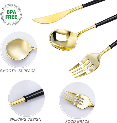 N9R 90PCS Gold Plastic Silverware Set with Black Handle, Heavy Duty Fancy Plastic Cutlery for Birthday and Everyday Use