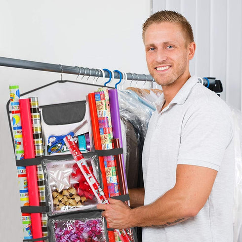ProPik Double-Sided Gift Wrap Organizer, Wrapping Paper Storage with Multiple Pockets, Fits 40 Inch Rolls (Black seam)