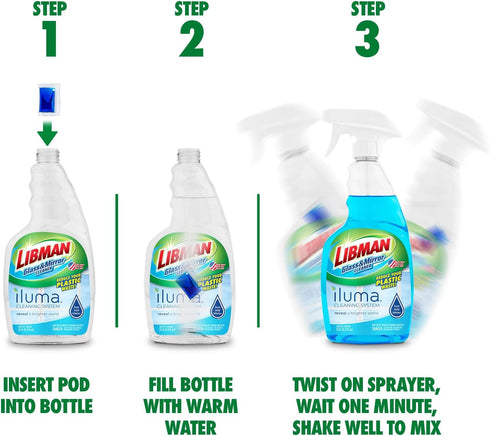 Libman Iluma Glass & Mirror Cleaner, 24 fl oz Refillable Bottle with 5 Total Concentrated Dissolvable Pods