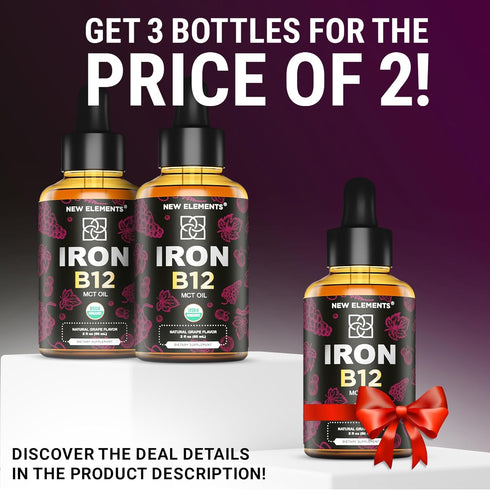 Liquid Iron Supplement for Women & Men with Vitamin B12 5000mcg - Free Blood Builder for Anemia - Liquid Vitamin B12 Drops for Adults with MCT Oil, Natural Grape Flavor, 2 Fl Oz