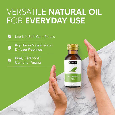 Hemani 30ml (1 Oz) 100% Camphor Oil Fl - Pure Steam Distilled | Cinnamomum Camphora | Natural Aromatic Oil for Massage